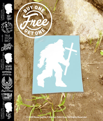 BIGFAITH™ Greater Works (CROSS) V1| Bigfoot Sasquatch Yeti | Funny Christian Vinyl Decal Car Sticker BOGO