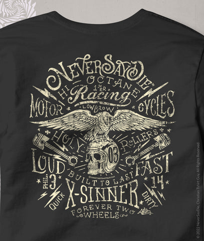 X-Sinner Philippians 3:14 Biker Motorcycle Racing - | NEVERSAYDIE™ Christian T-shirt